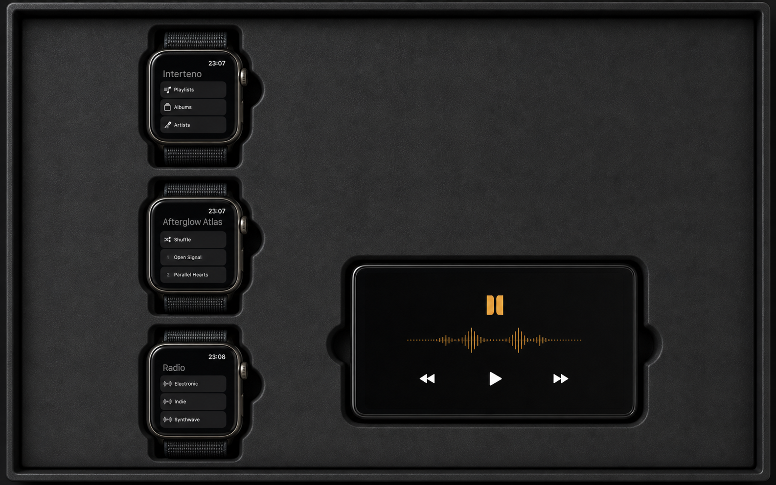 Interteno Apple Watch screens presented in a fitted black tray beside a CarPlay music display