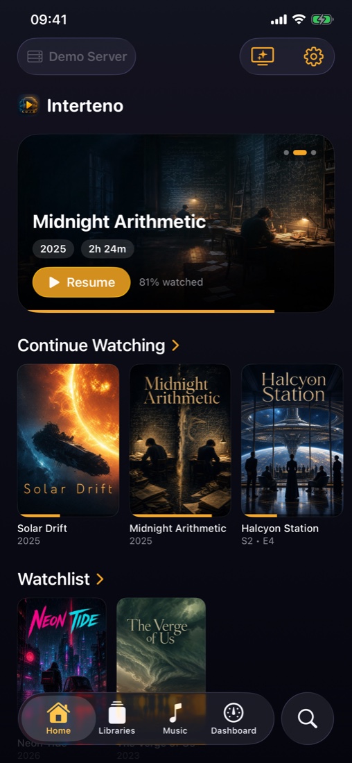 Interteno Home screen showing a featured film, Continue Watching and Watchlist artwork