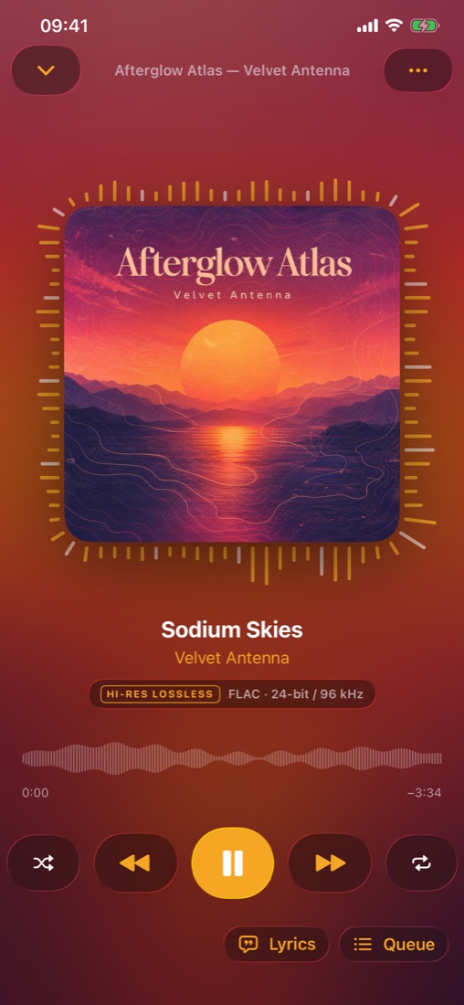 Interteno Now Playing screen with album artwork, waveform and music controls
